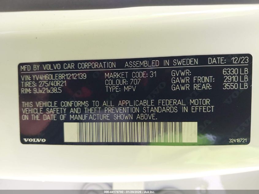 2024 Volvo Xc90 Recharge Plug-In Hybrid T8 Plus 6-Seater VIN: YV4H60LE8R1212139 Lot: 44178780