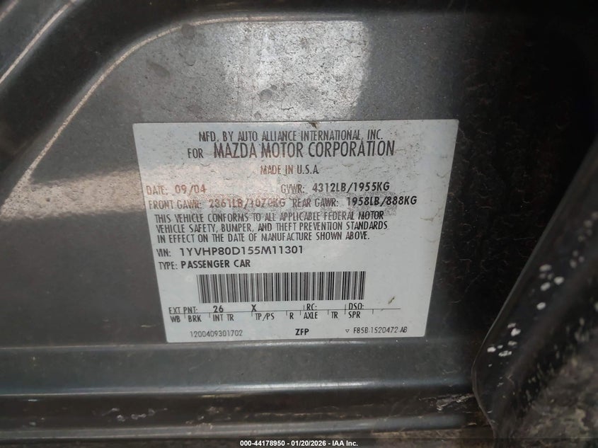 2005 Mazda Mazda6 S Grand Touring VIN: 1YVHP80D155M11301 Lot: 44178950