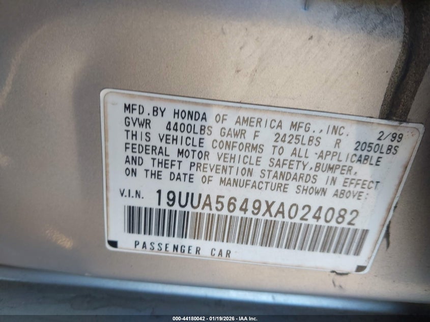 1999 Acura Tl 3.2 VIN: 19UUA5649XA024082 Lot: 44180042