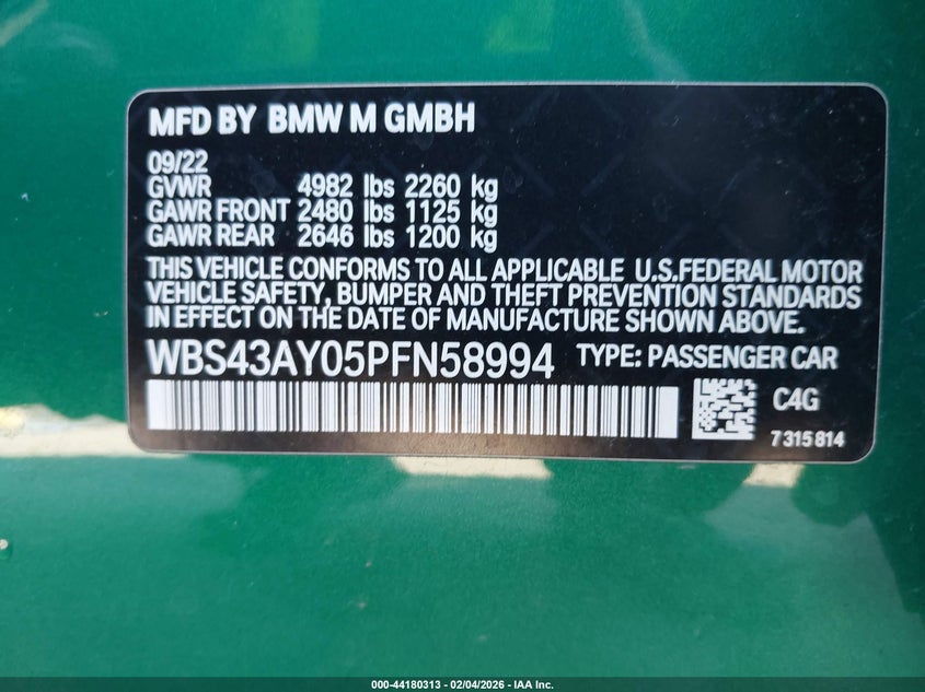 2023 BMW M3 Competition xDrive VIN: WBS43AY05PFN58994 Lot: 44180313