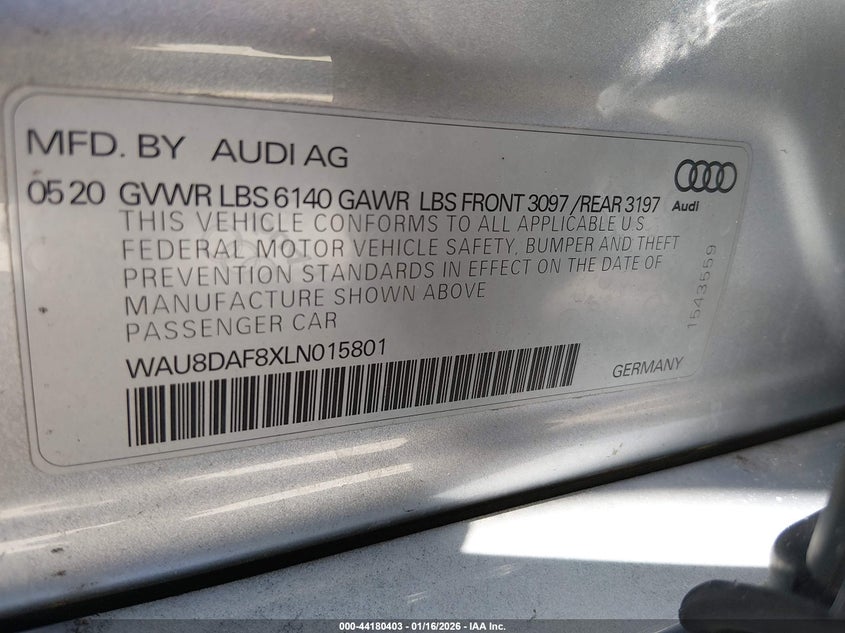 2020 Audi A8 L 55 Tfsi Quattro Tiptronic VIN: WAU8DAF8XLN015801 Lot: 44180403