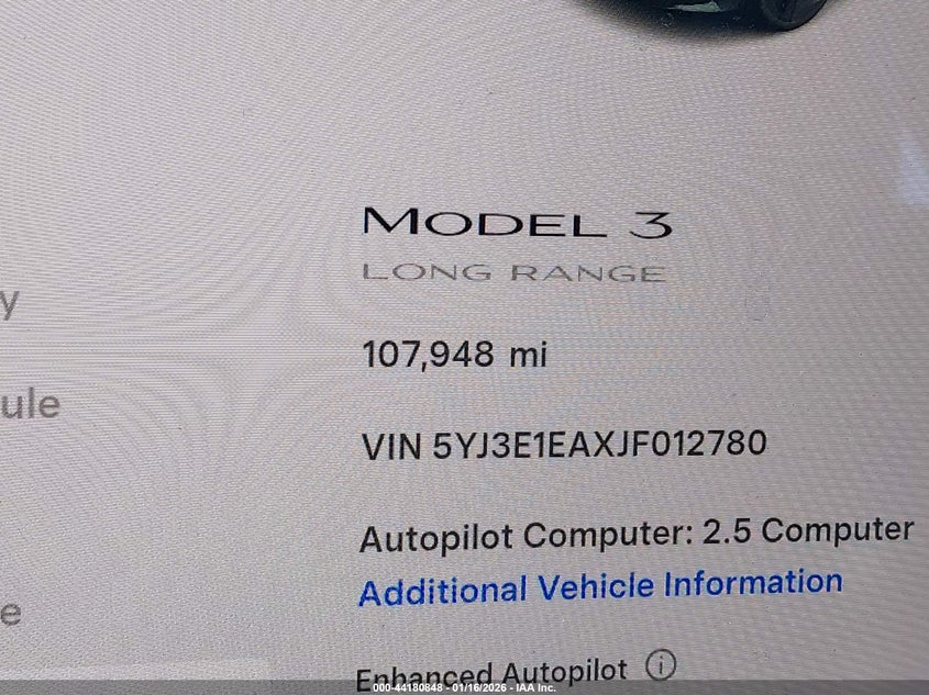 2018 Tesla Model 3 Long Range/Mid Range VIN: 5YJ3E1EAXJF012780 Lot: 44180848