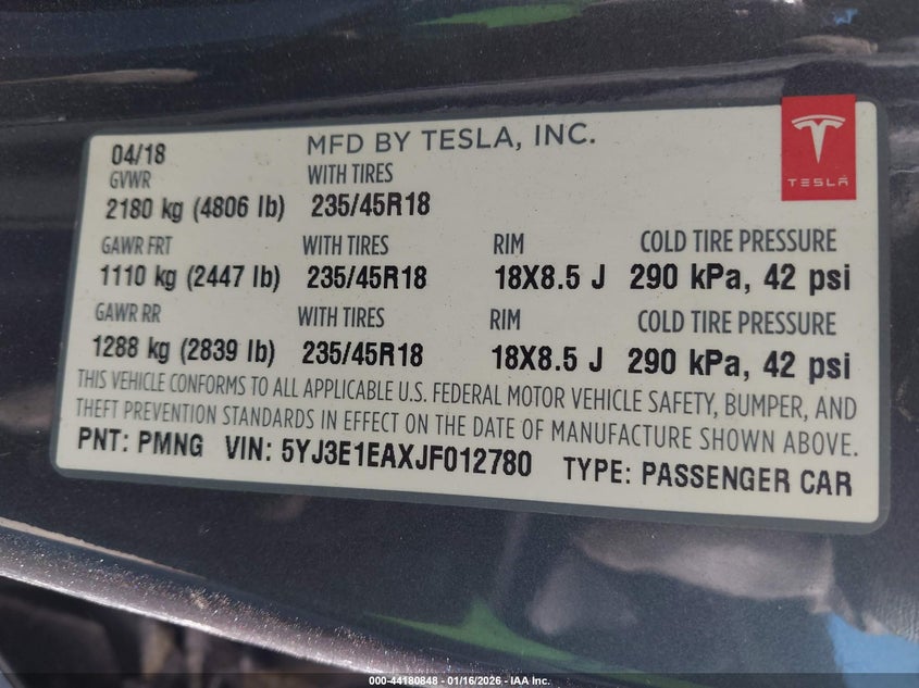 2018 Tesla Model 3 Long Range/Mid Range VIN: 5YJ3E1EAXJF012780 Lot: 44180848