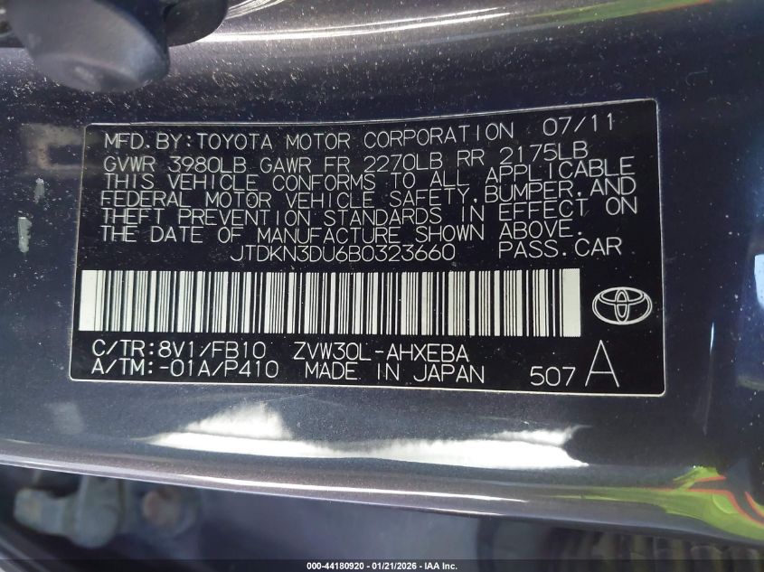 2011 Toyota Prius Two VIN: JTDKN3DU6B0323660 Lot: 44180920