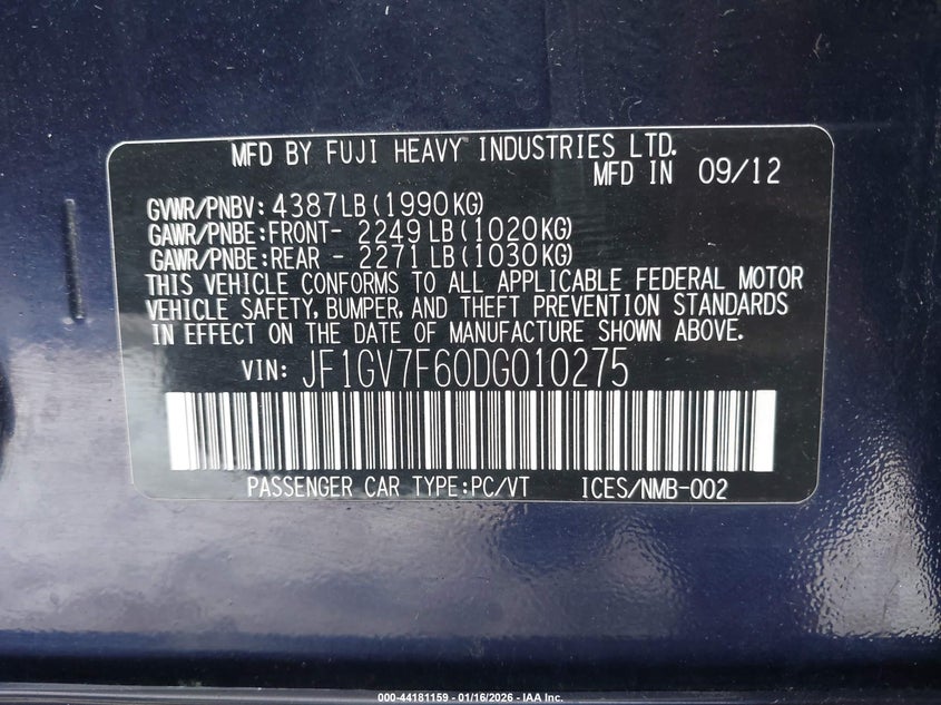 2013 Subaru Impreza Wrx Premium VIN: JF1GV7F60DG010275 Lot: 44181159