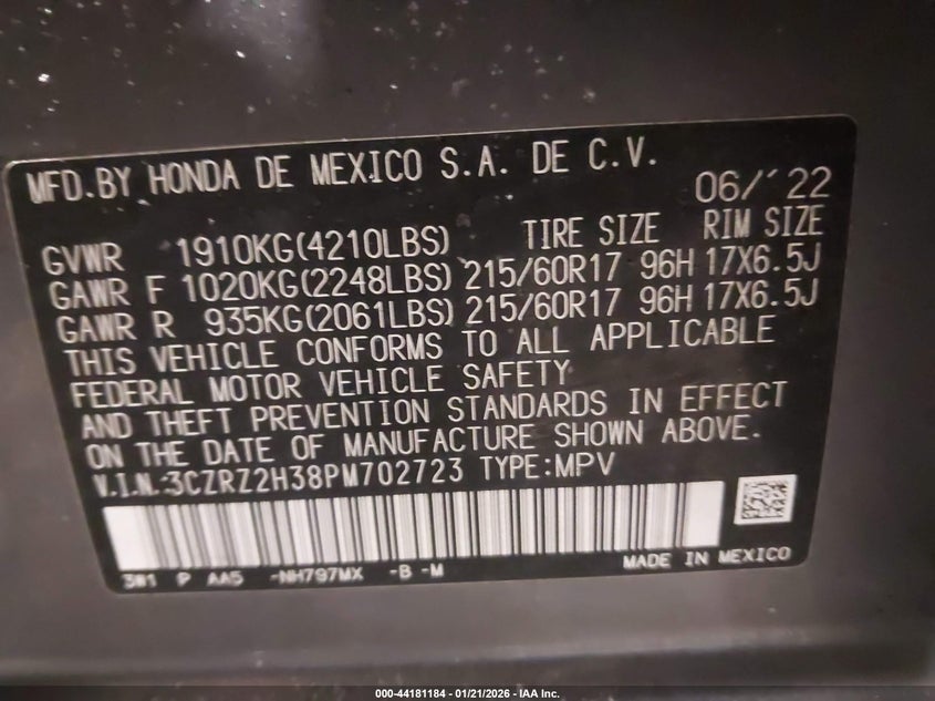 VIN 3CZRZ2H38PM702723 2023 HONDA HR-V AWD LX