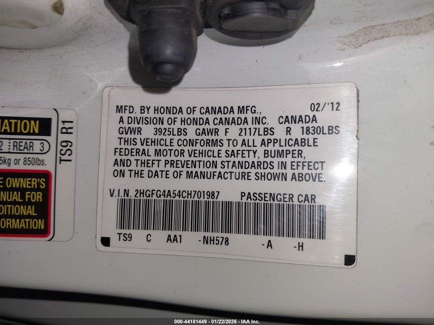 2012 Honda Civic Si VIN: 2HGFG4A54CH701987 Lot: 44181449