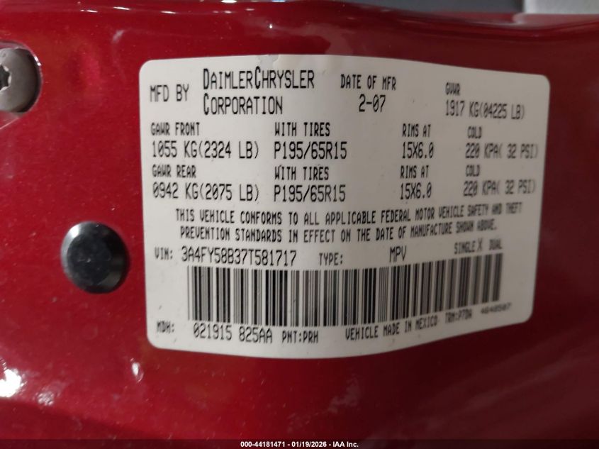 2007 Chrysler Pt Cruiser Touring VIN: 3A4FY58B37T581717 Lot: 44181471