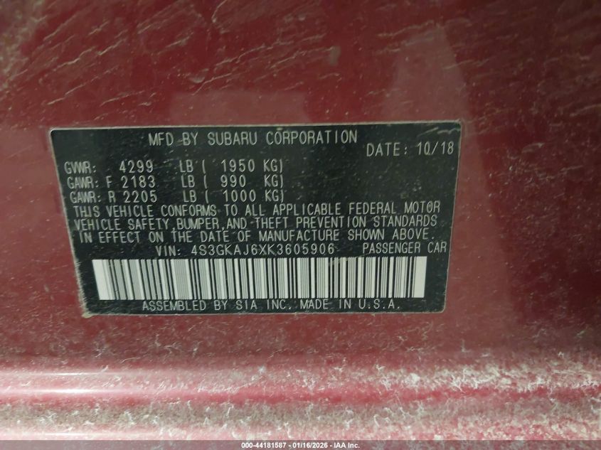2019 Subaru Impreza 2.0I Sport VIN: 4S3GKAJ6XK3605906 Lot: 44181587