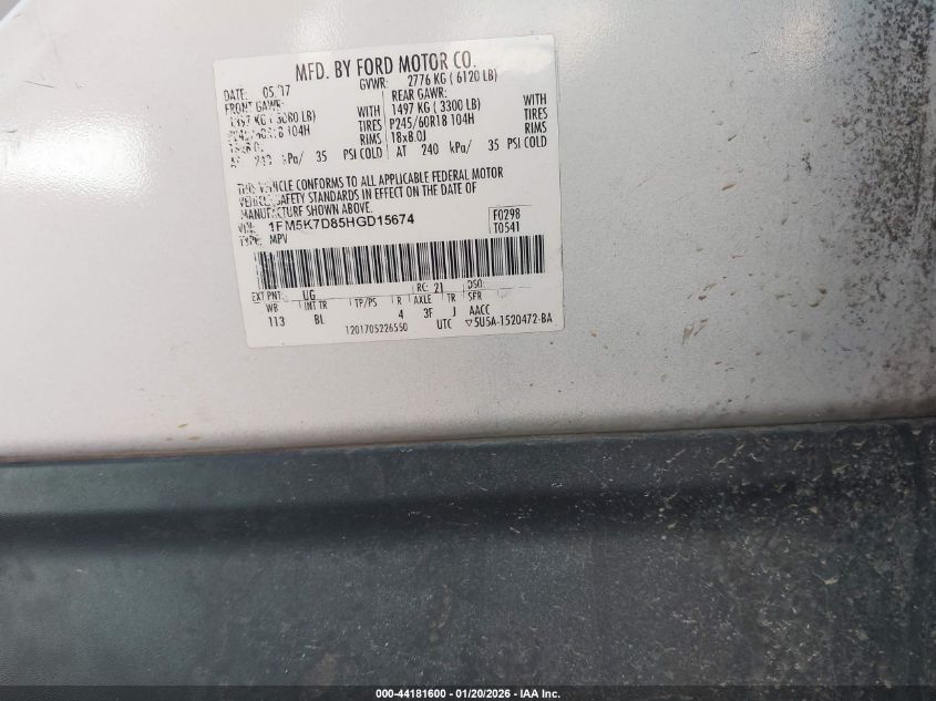 2017 Ford Explorer Xlt VIN: 1FM5K7D85HGD15674 Lot: 44181600