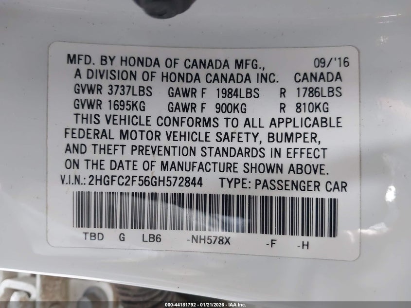 2016 Honda Civic Lx VIN: 2HGFC2F56GH572844 Lot: 44181792