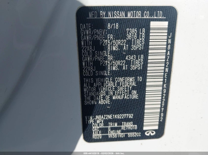 2019 Infiniti Qx80 Limited VIN: JN8AZ2NE1K9227792 Lot: 44182019