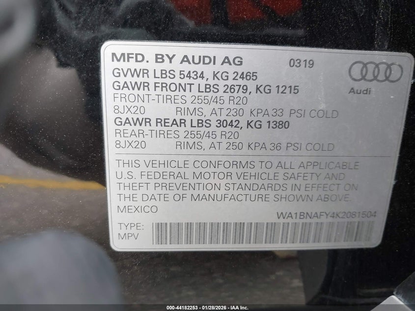 2019 Audi Q5 45 Premium VIN: WA1BNAFY4K2081504 Lot: 44182253
