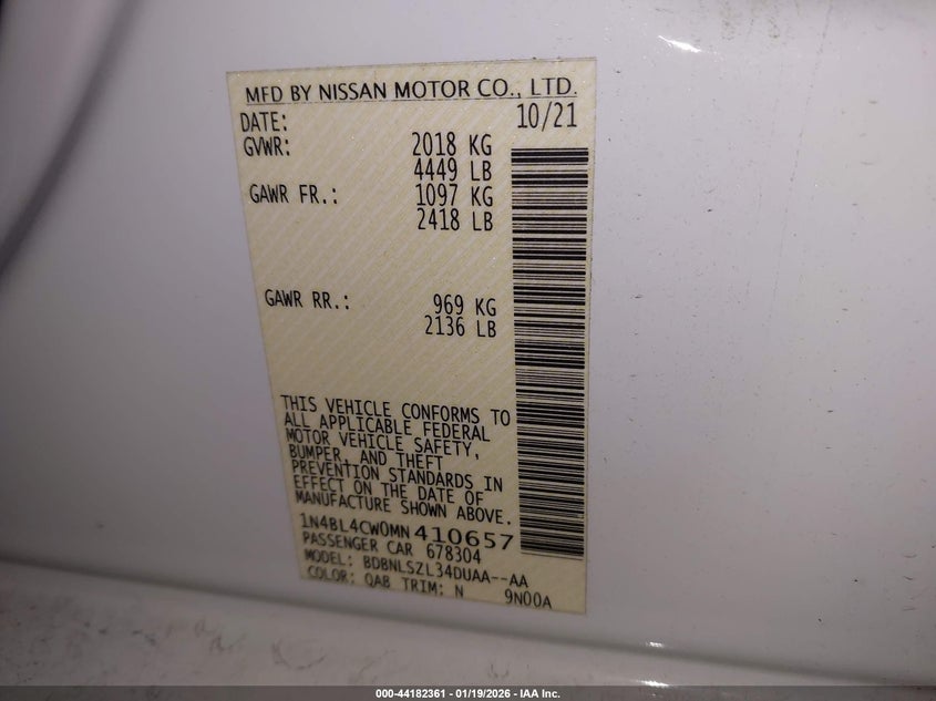 2021 Nissan Altima Sr Intelligent Awd VIN: 1N4BL4CW0MN410657 Lot: 44182361