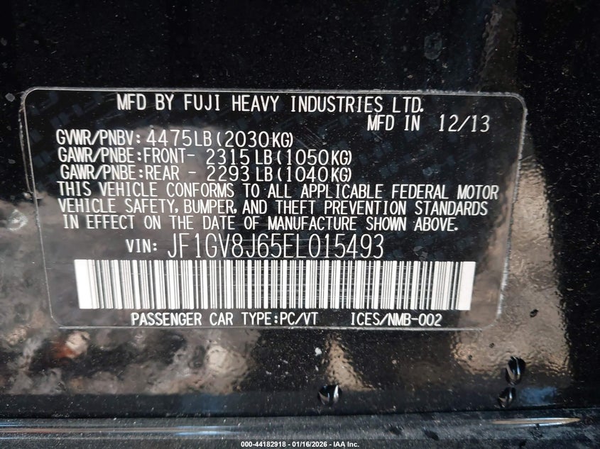 2014 Subaru Impreza Wrx Sti VIN: JF1GV8J65EL015493 Lot: 44182918