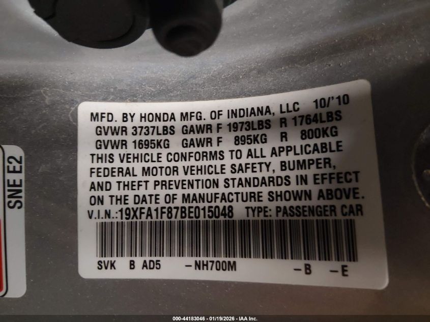 2011 Honda Civic Ex VIN: 19XFA1F87BE015048 Lot: 44183046
