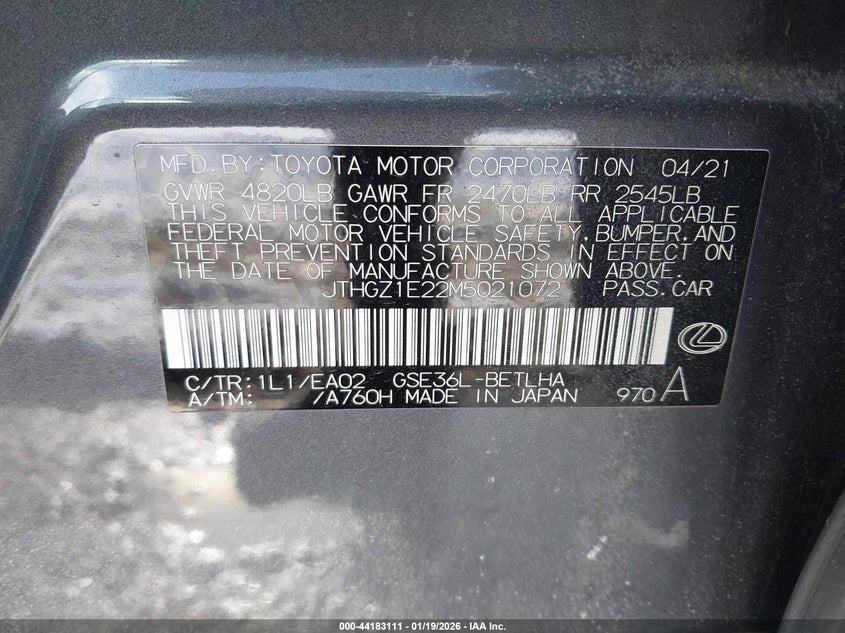 2021 Lexus Is 350 F Sport VIN: JTHGZ1E22M5021072 Lot: 44183111