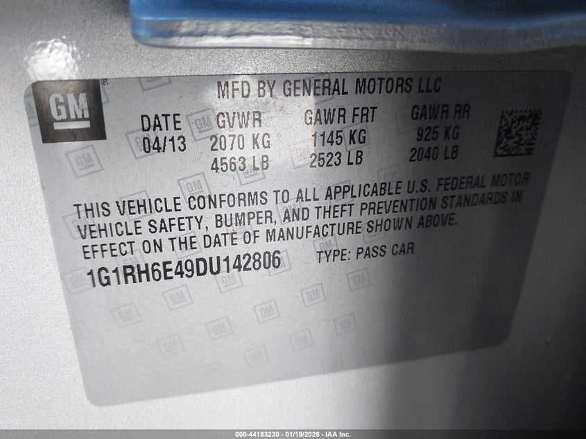 2013 Chevrolet Volt VIN: 1G1RH6E49DU142806 Lot: 44183230