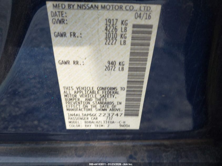 2016 Nissan Altima 2.5 Sr VIN: 1N4AL3AP6GC223747 Lot: 44183511