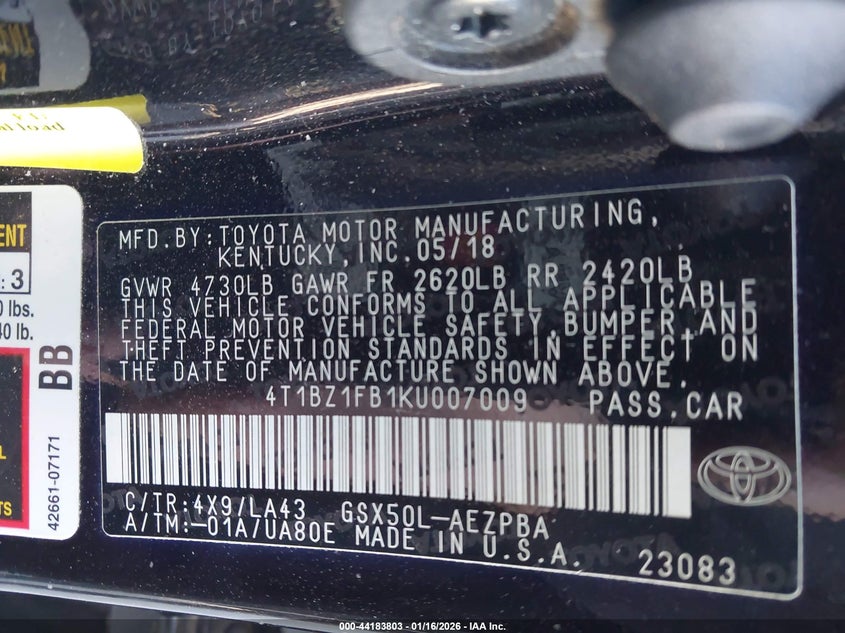 2019 Toyota Avalon Limited VIN: 4T1BZ1FB1KU007009 Lot: 44183803