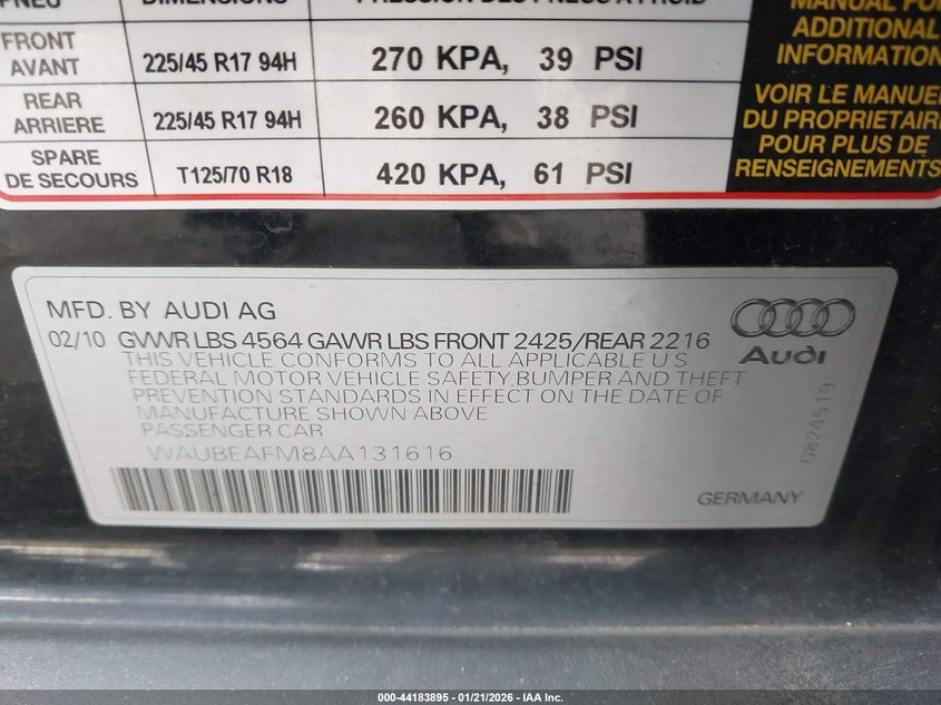 2010 Audi A3 2.0T Premium VIN: WAUBEAFM8AA131616 Lot: 44183895