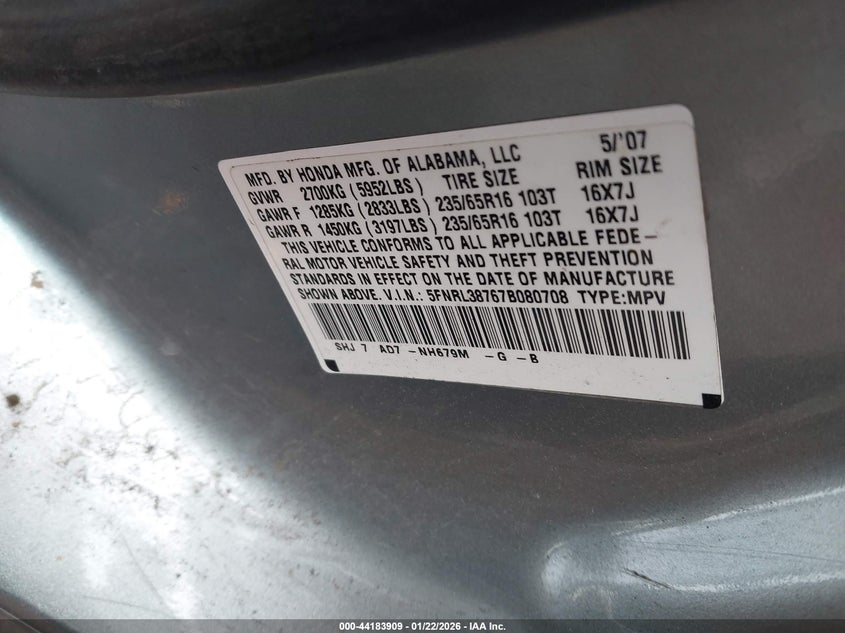 2007 Honda Odyssey Ex-L VIN: 5FNRL38767B080708 Lot: 44183909