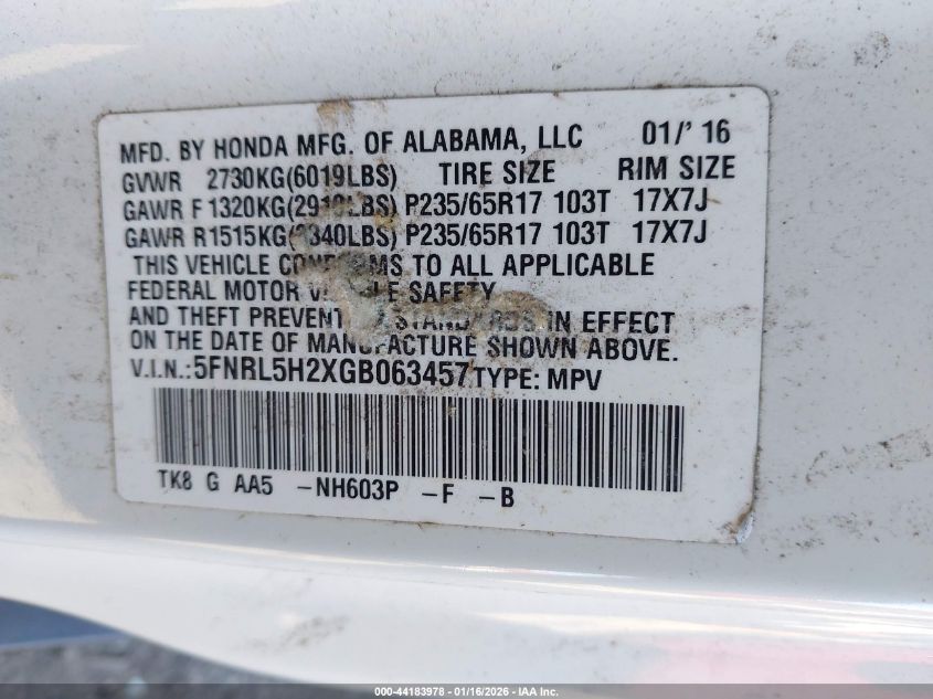 2016 Honda Odyssey Lx VIN: 5FNRL5H2XGB063457 Lot: 44183978