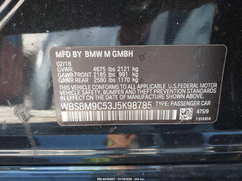 2018 BMW M3 Cs VIN: WBS8M9C53J5K98785 Lot: 44184057