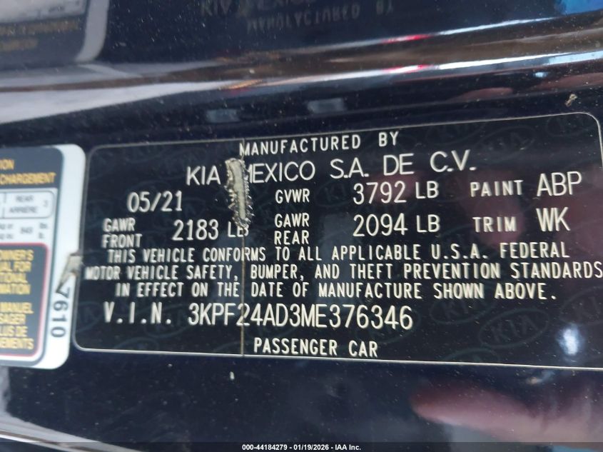 2021 Kia Forte Lxs VIN: 3KPF24AD3ME376346 Lot: 44184279