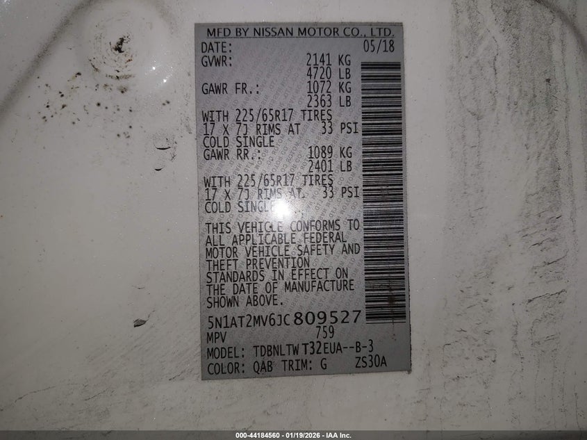 2018 Nissan Rogue Sv VIN: 5N1AT2MV6JC809527 Lot: 44184560