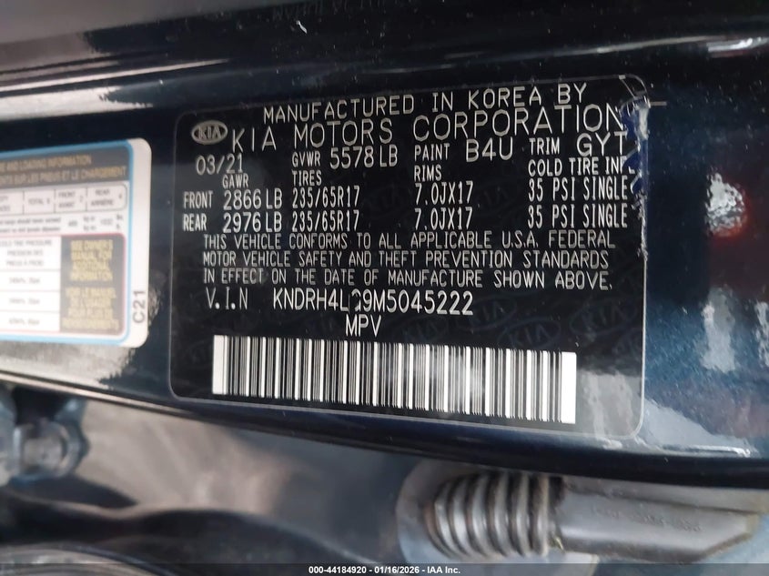 VIN KNDRH4LG9M5045222 2021 KIA SORENTO HYBRID EX
