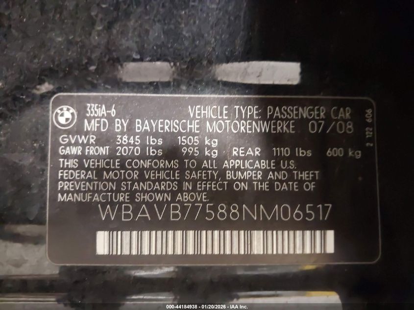 2008 BMW 335I VIN: WBAVB77588NM06517 Lot: 44184938