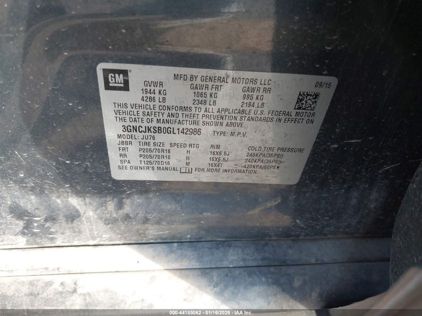 2016 Chevrolet Trax 1Ls VIN: 3GNCJKSB0GL142986 Lot: 44185062