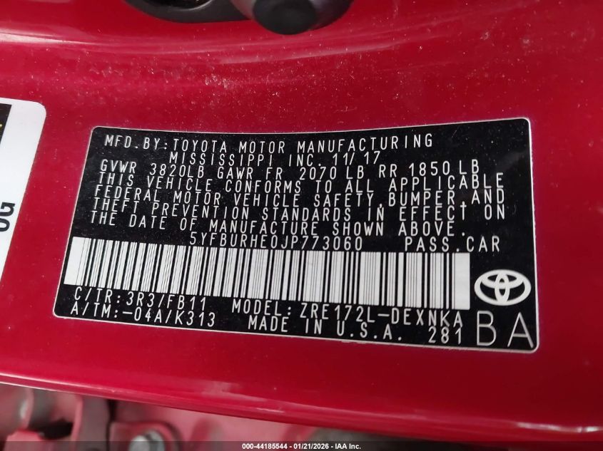 2018 Toyota Corolla Le VIN: 5YFBURHE0JP773060 Lot: 44185544