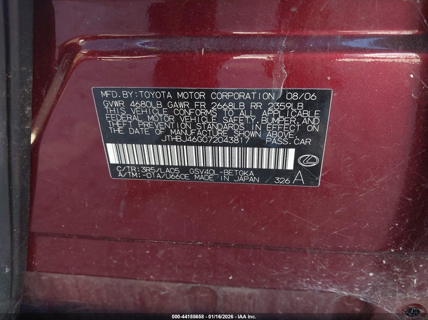 2007 Lexus Es 350 VIN: JTHBJ46G072043817 Lot: 44185658