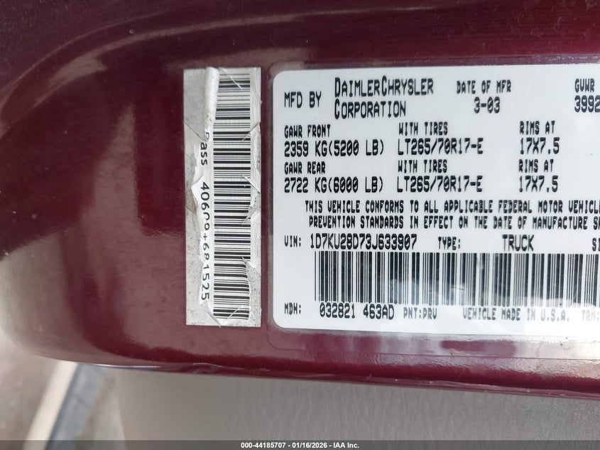 2003 Dodge Ram 2500 Slt/Laramie/St VIN: 1D7KU28D73J633907 Lot: 44185707