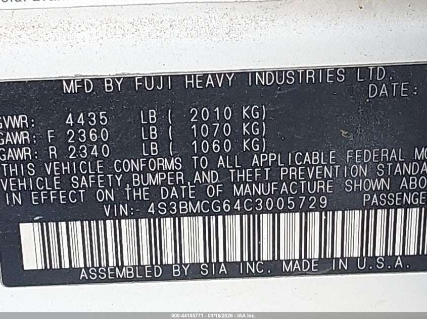 2012 Subaru Legacy 2.5I Premium VIN: 4S3BMCG64C3005729 Lot: 44185771