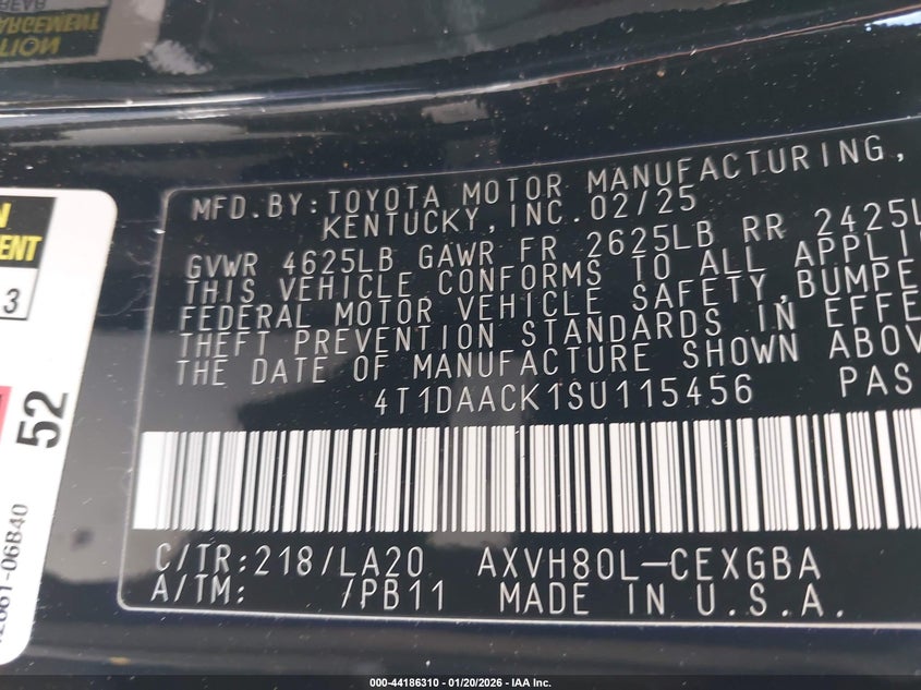 VIN 4T1DAACK1SU115456 2025 TOYOTA CAMRY XLE