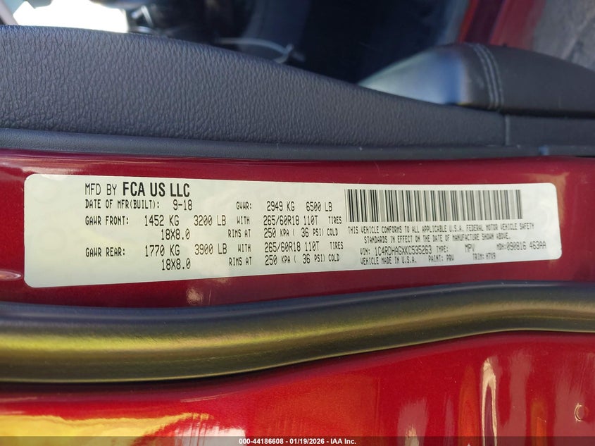 2019 Dodge Durango Sxt Rwd VIN: 1C4RDHAGXKC535263 Lot: 44186608