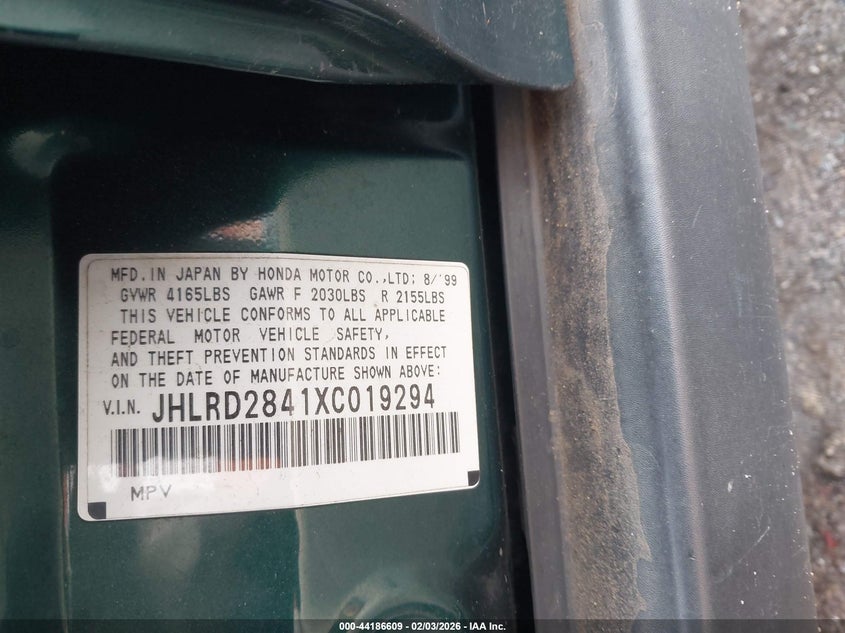 1999 Honda Cr-V Lx VIN: JHLRD2841XC019294 Lot: 44186609