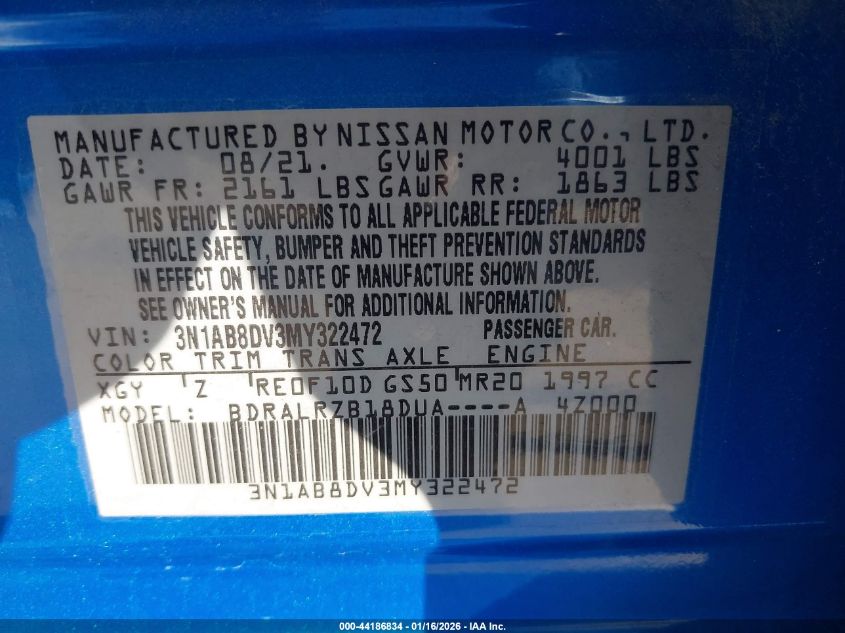 2021 Nissan Sentra Sr Xtronic Cvt VIN: 3N1AB8DV3MY322472 Lot: 44186834