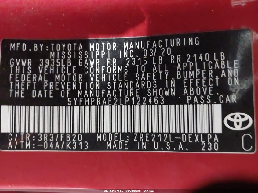 VIN 5YFHPRAE2LP122463 2020 TOYOTA COROLLA LE