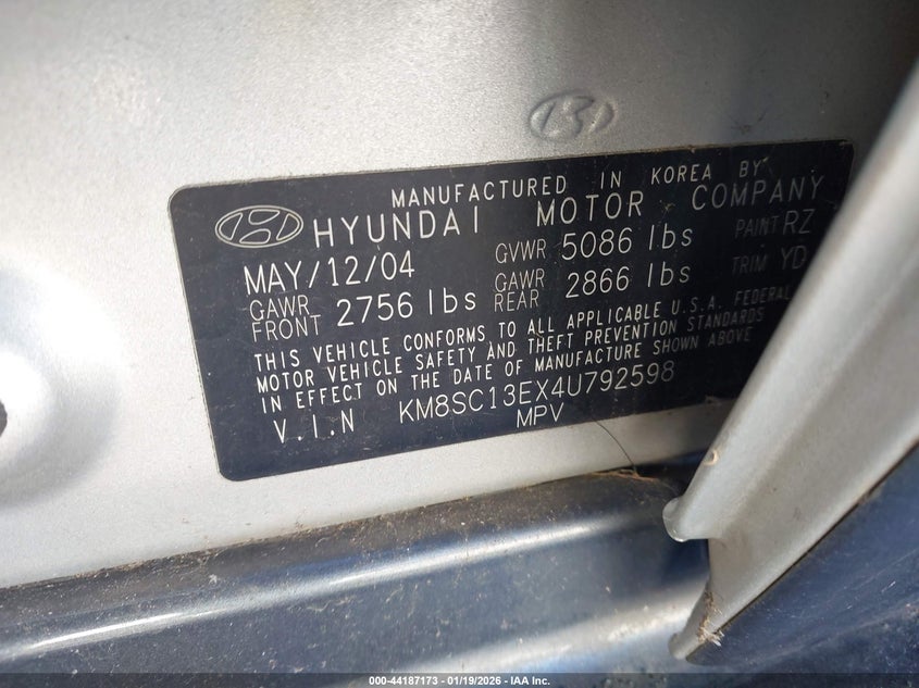 2004 Hyundai Santa Fe Gls/Lx VIN: KM8SC13EX4U792598 Lot: 44187173