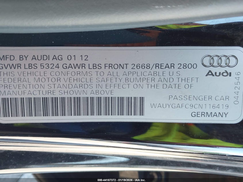 2012 Audi A7 Premium VIN: WAUYGAFC9CN116419 Lot: 44187372