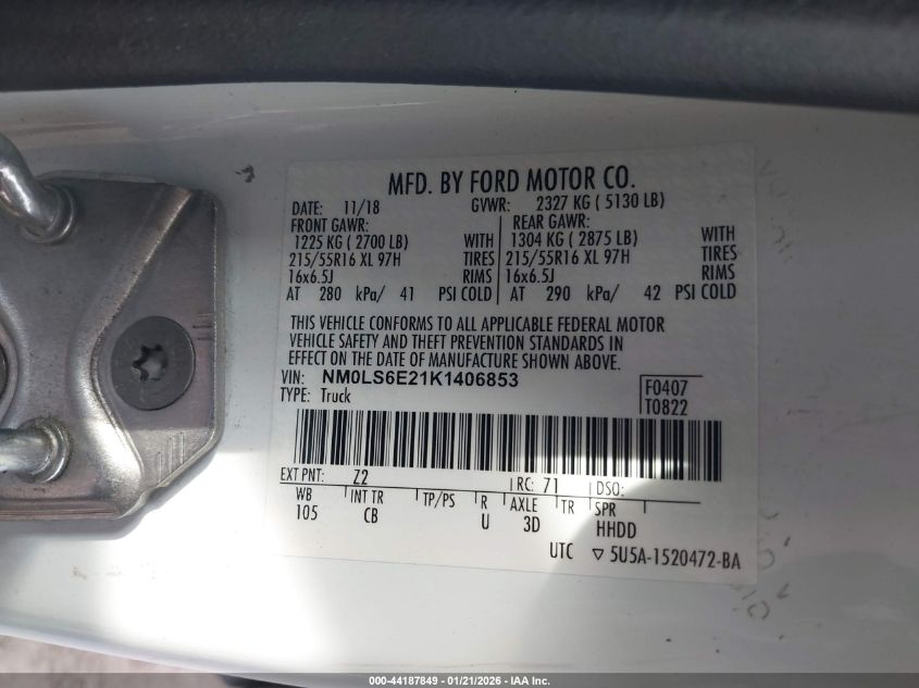 2019 Ford Transit Connect Xl VIN: NM0LS6E21K1406853 Lot: 44187849