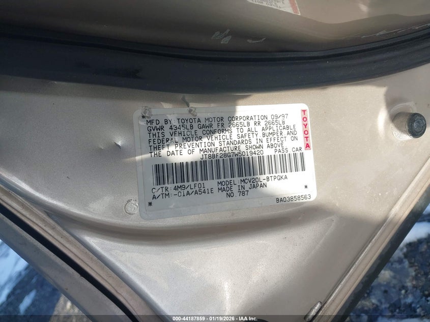 1998 Lexus Es 300 VIN: JT8BF28G7W5019420 Lot: 44187859