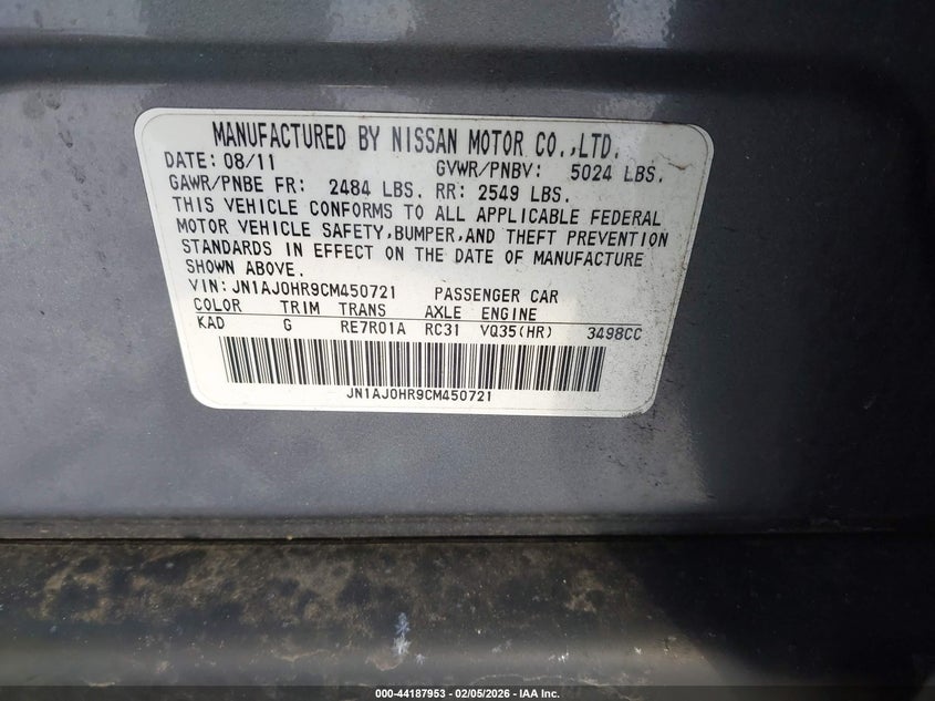 2012 Infiniti Ex35 Journey VIN: JN1AJ0HR9CM450721 Lot: 44187953