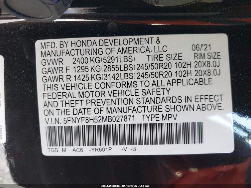 VIN 5FNYF8H52MB027871 2021 HONDA PASSPORT AWD EX-L