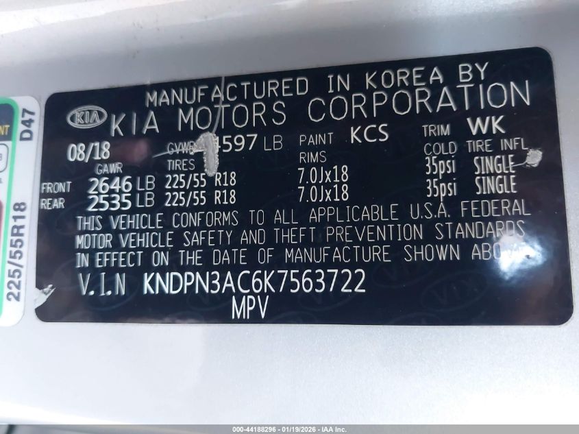 2019 Kia Sportage Ex VIN: KNDPN3AC6K7563722 Lot: 44188296