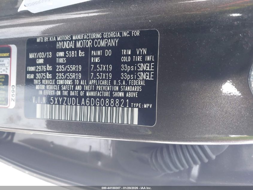 2013 Hyundai Santa Fe Sport 2.0T VIN: 5XYZUDLA6DG088821 Lot: 44188307